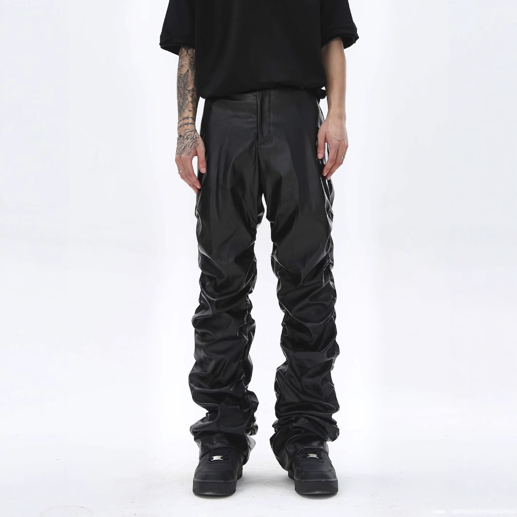 Темные кожаные брюки с глянцевой складкой в стиле панк для мужчин, модные свободные повседневные брюки в стиле хип-хоп