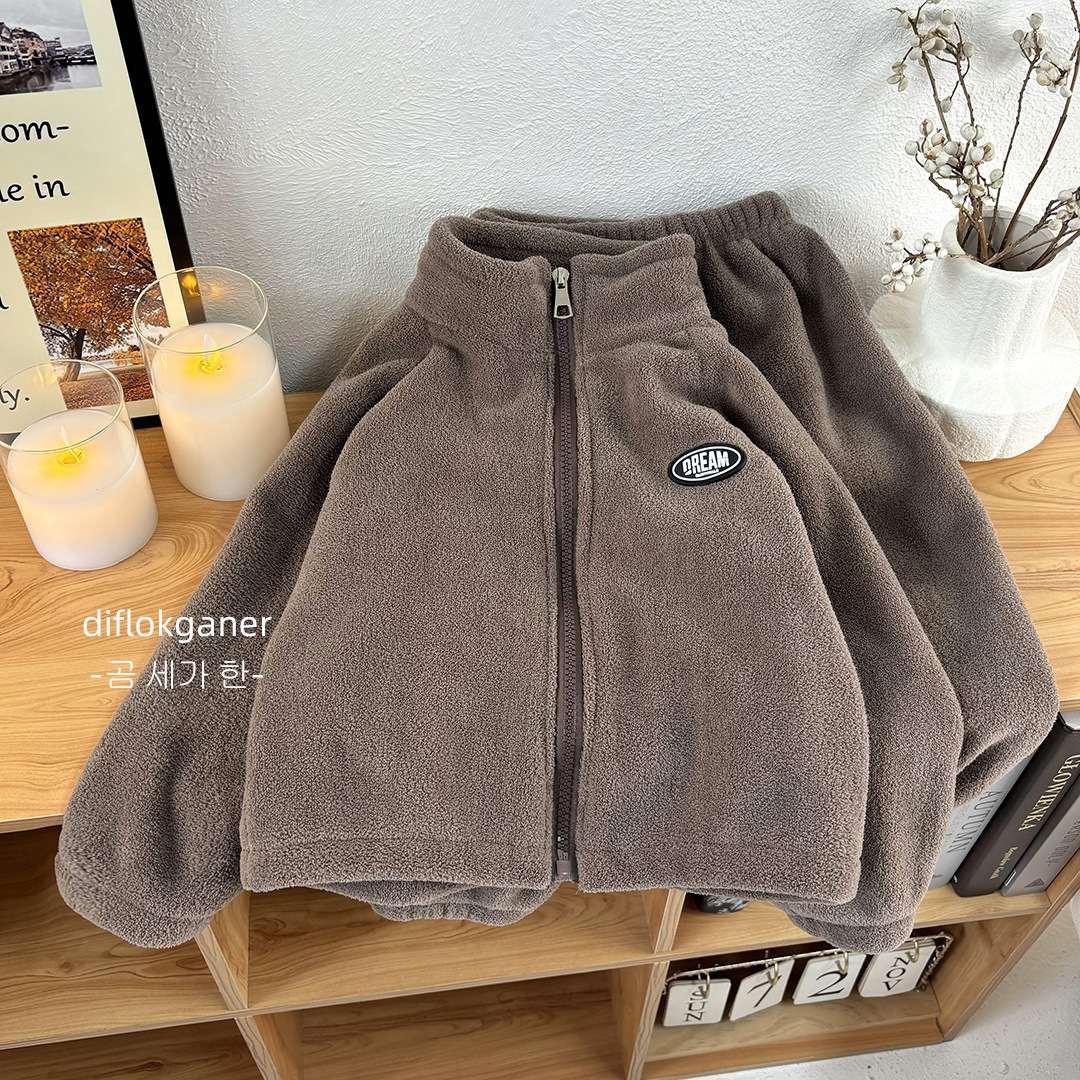 New Children's Double-sided Fleece suit Autumn and Winter Baby Warm Woolen Sweater Two-piece Set for Boys and Girls Windproof Collar
