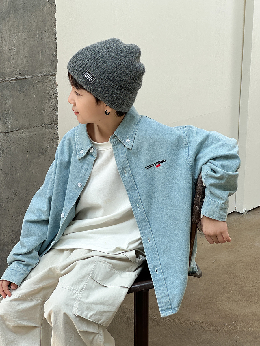 [Clearance Sale] Aimo Beibei Sand-Washed Cotton Loose Jacket Autumn Style Fashion Embroidered Denim Shirt for Boys and Girls