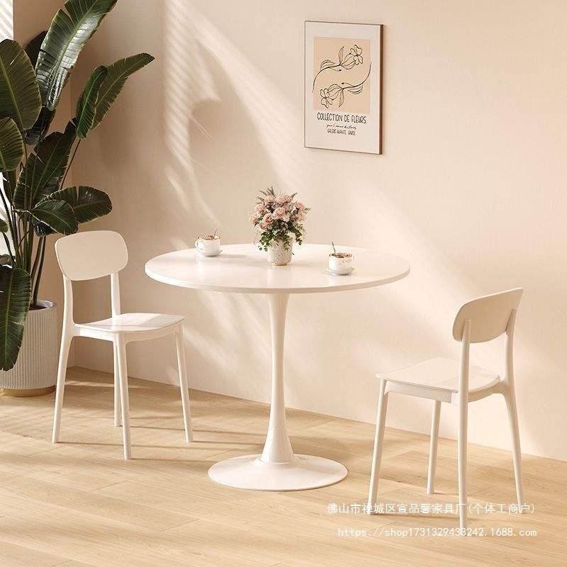 Trendy Round Nordic-Style Milk Tea Dining White Tulip Coffee Shop Table and Chair Set Small Meeting Table Dining Table