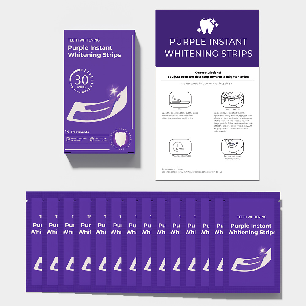 Kindergarten Hot-Selling Item: 14 Pairs of Color Correcting Teeth Whitening Strips, Instant Whitening V34 Teeth Strips Purple Whitening Set, Cross-Border Source in Stock