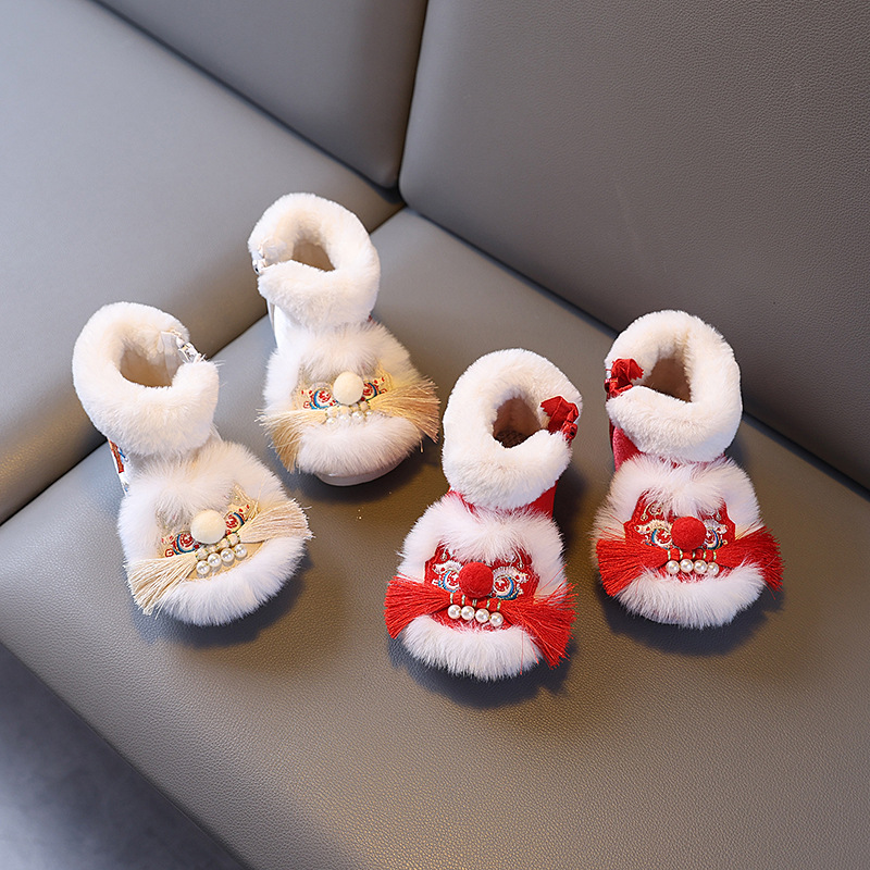 Girls' Old Beijing Cloth Shoes, Winter Costume, Chinese Style Fleece-Lined Tiger Head Boots, Kidsren's Embroidered Shoes, Han Dynasty Shoes, New Year's Shoes