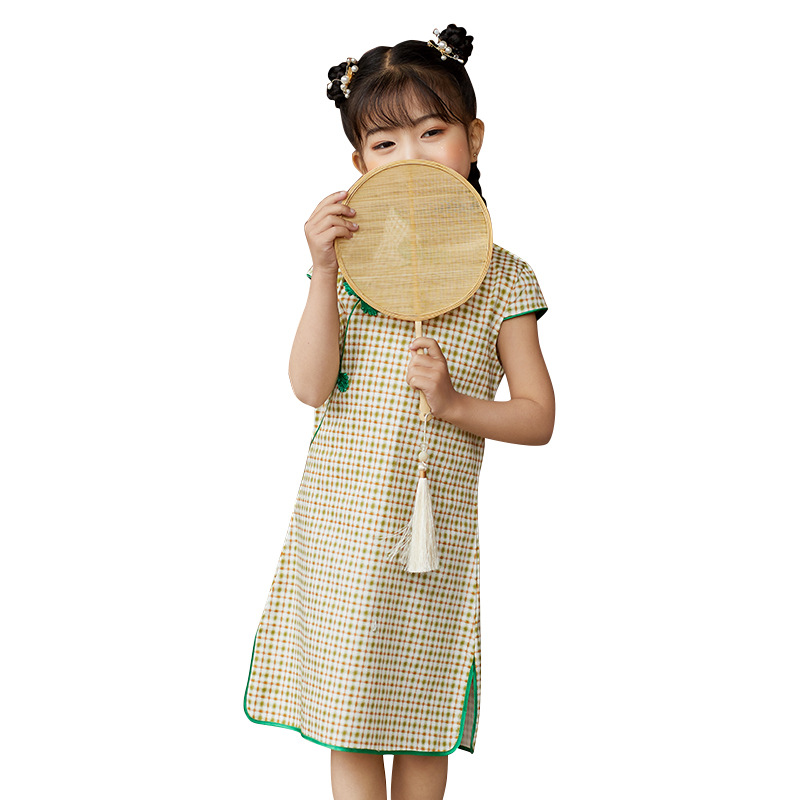 Girls' cheongsam dress Chinese style Plaid princess dress Western style children's clothing Hanfu summer 2024 new dress