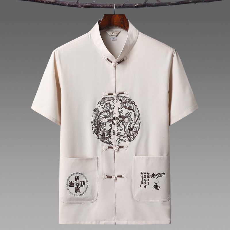 Tang Suit Men's Middle-aged and Elderly Dad Summer Clothes Ice Silk Short-sleeved Elderly Clothes Men's Chinese Style Retro Grandpa Thin Hanfu