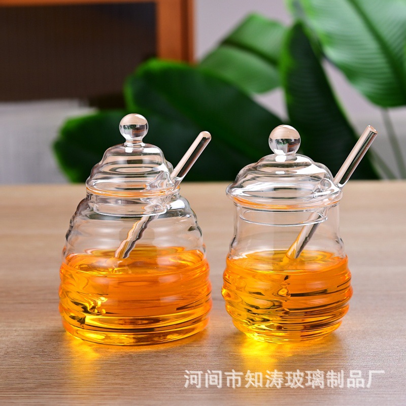 Manufacturer Sells Honeycomb-Shaped Little Bee Glass Honey Jar with Lid Stirring Stick Creative Kitchen Supplies