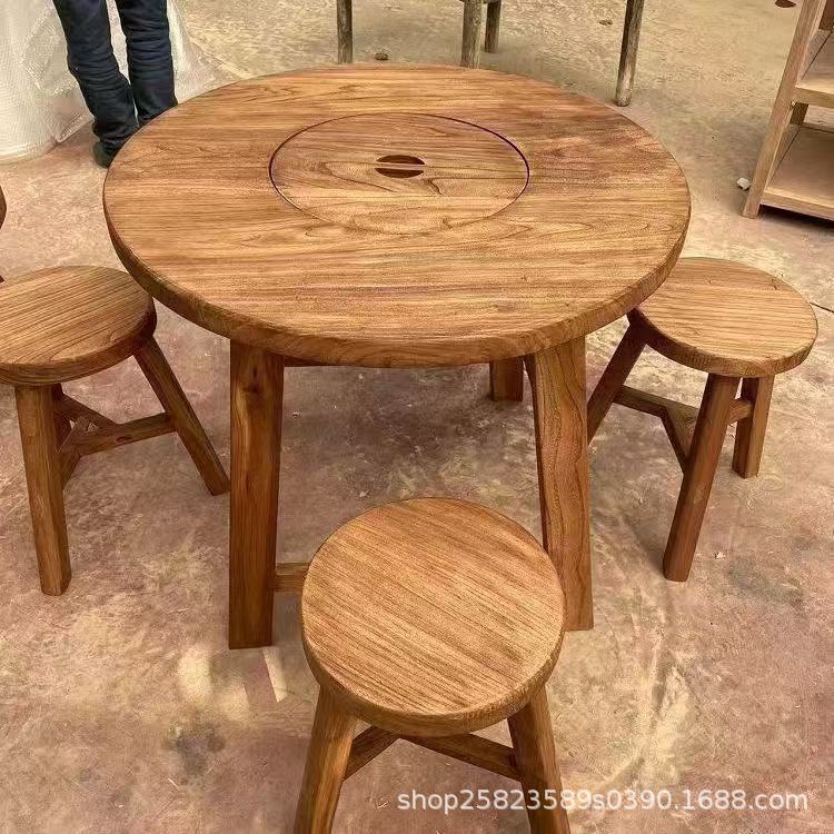 Маленький круглый стол из старого вяза для заваривания чая, чайный стол с плитой, стол для барбекю и хот-пот, стол из массива дерева, натуральный деревянный стол для балкона, огневой стол
