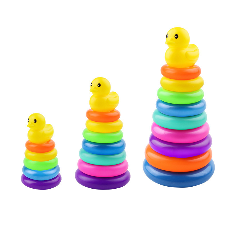 Stall toys wholesale night market drainage children's educational rainbow tower collar small yellow duck stacking music baby toys