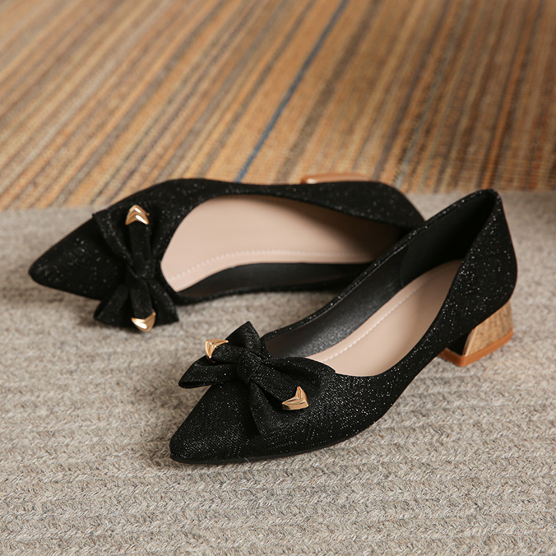 2024 Spring New Evening Shoes French Thick Heel High Heels Pointed Toe Single Shoes Women's Medium Heel Large Size Shoes 40-43 Women's Shoes