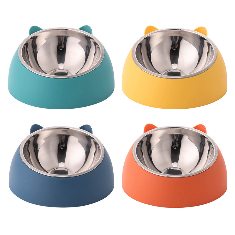 Pet Stainless Steel Double Bowl Protects Cervical Spine and Prevents Overturning. Cute Food Bowl for Cats to Eat and Drink. Stainless Steel Bowl for Both Purposes