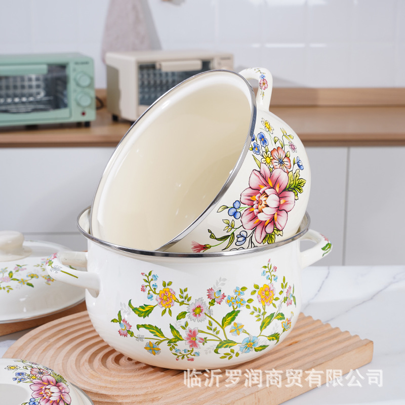 Enamel Binaural Soup Pot Old-fashioned Enamel Enamel Sauce Pot Sauce Pot with Lid Soup Noodle Bowl Pig Meat Oil Pot Small Pot
