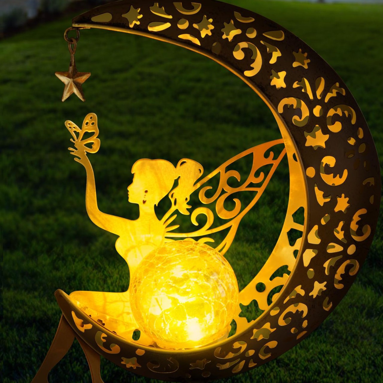 Solar Iron Cut Out Wind Chime Camping Style Light Moon Sun Star Led Outdoor Garden Landscape Courtyard Decoration