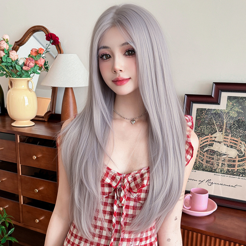 Длинный прямой парик для женщин с маленькой кружевной вставкой, синтетическое волокно, однослойный, ручная работа, высокотемпературное волокно, стиль интернет-знаменитости, фиолетово-серый, средний пробор