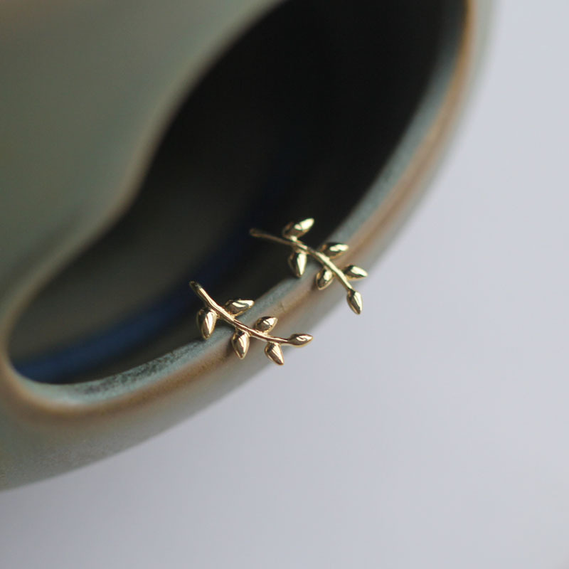 Pure 9k gold mini elegant leaves branches Japanese and Korean ins style small ear studs
