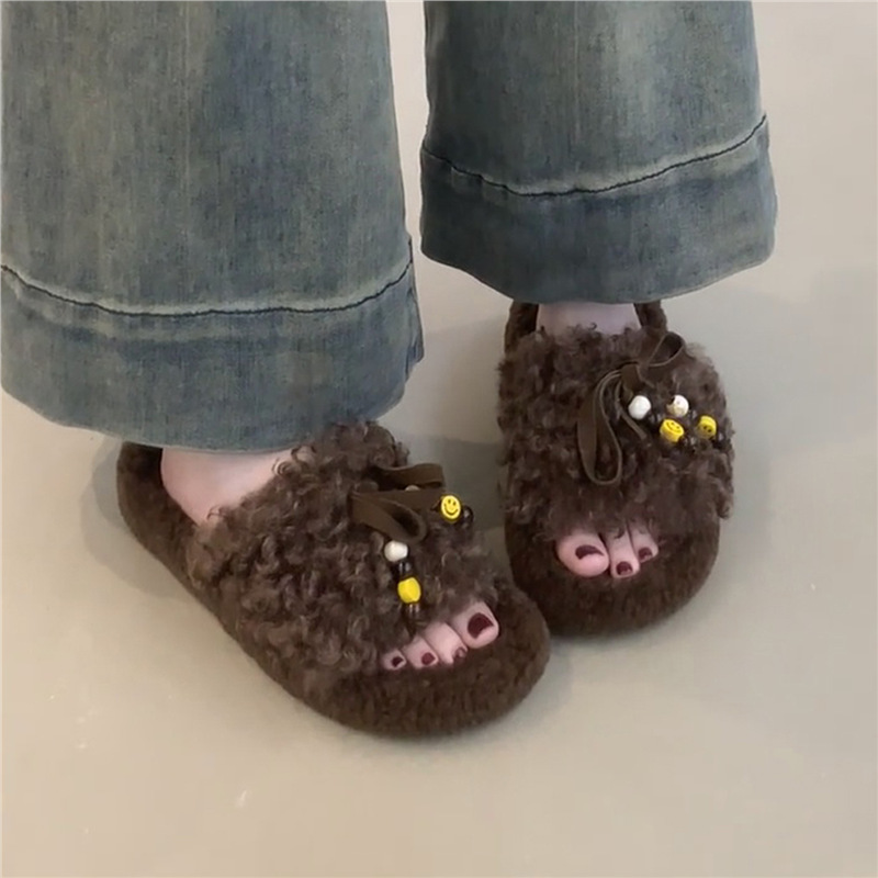 Sheepskin Version ~ Thick-Soled Fur Slippers for Women to Wear Outside with Bows and Beads, Retro Fleece-Lined to Heattech, Lazy One-Line Cotton Slippers