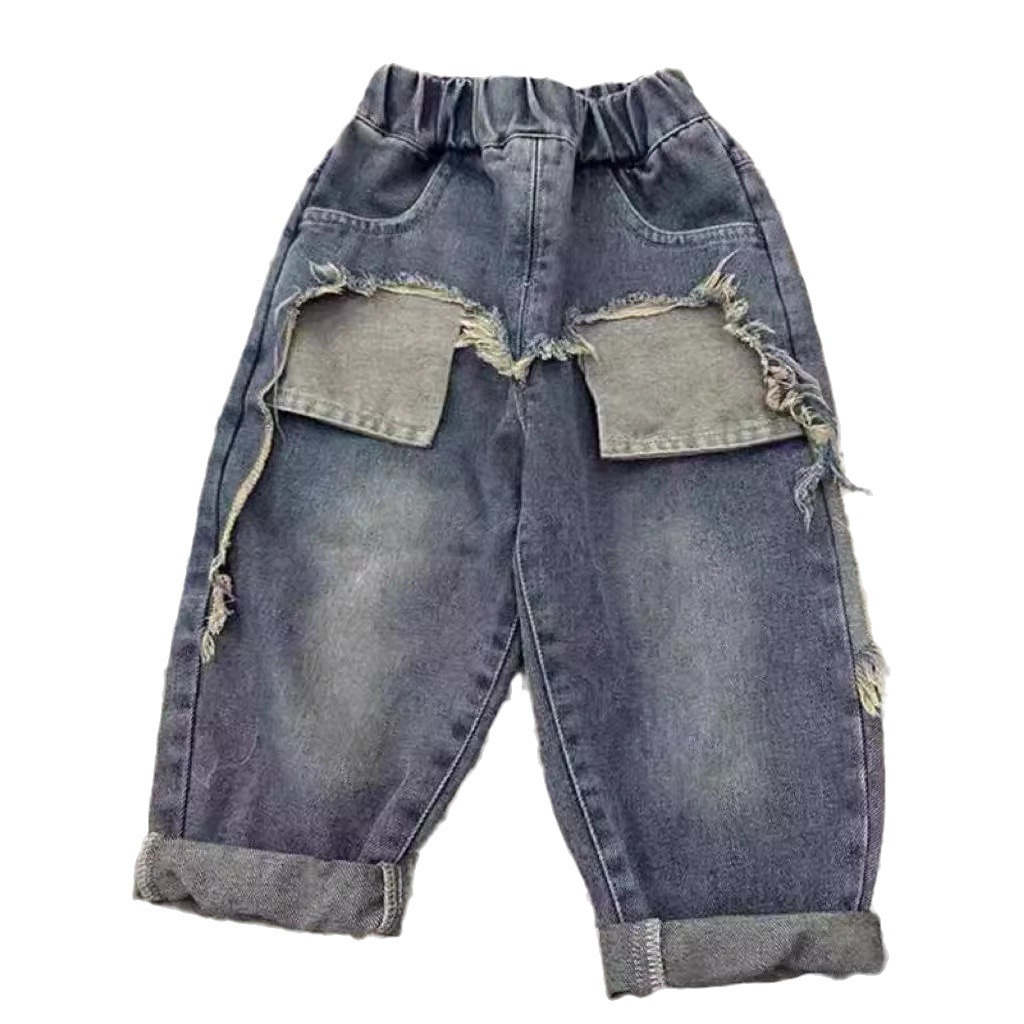 Puppies Handsome Children's Jeans Straight Leg Trousers Japanese-style Loose Ripped Water Washed Boys' Big Kids Niuzi Fried Street Fashion Cool