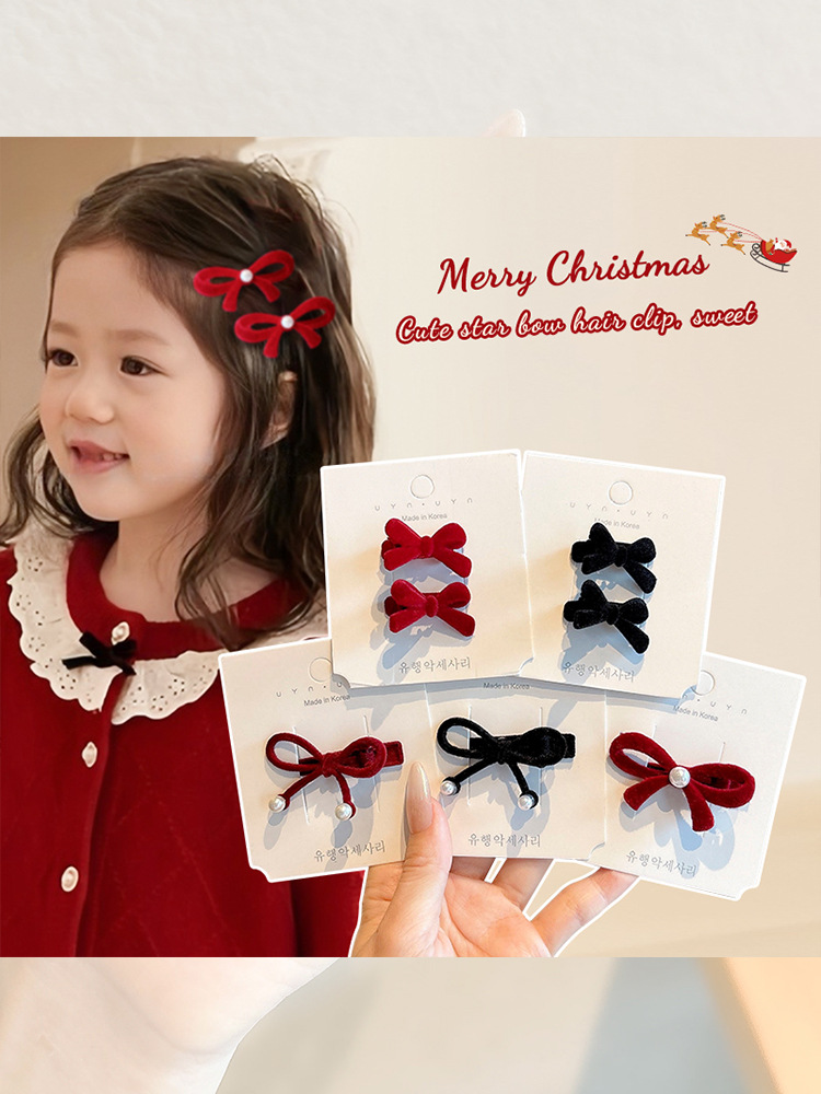 Children's Autumn and Winter Flocked Bow Hairpin Girls' High-End New Year's Headdress Little Girl's Side Bangs Hairpin