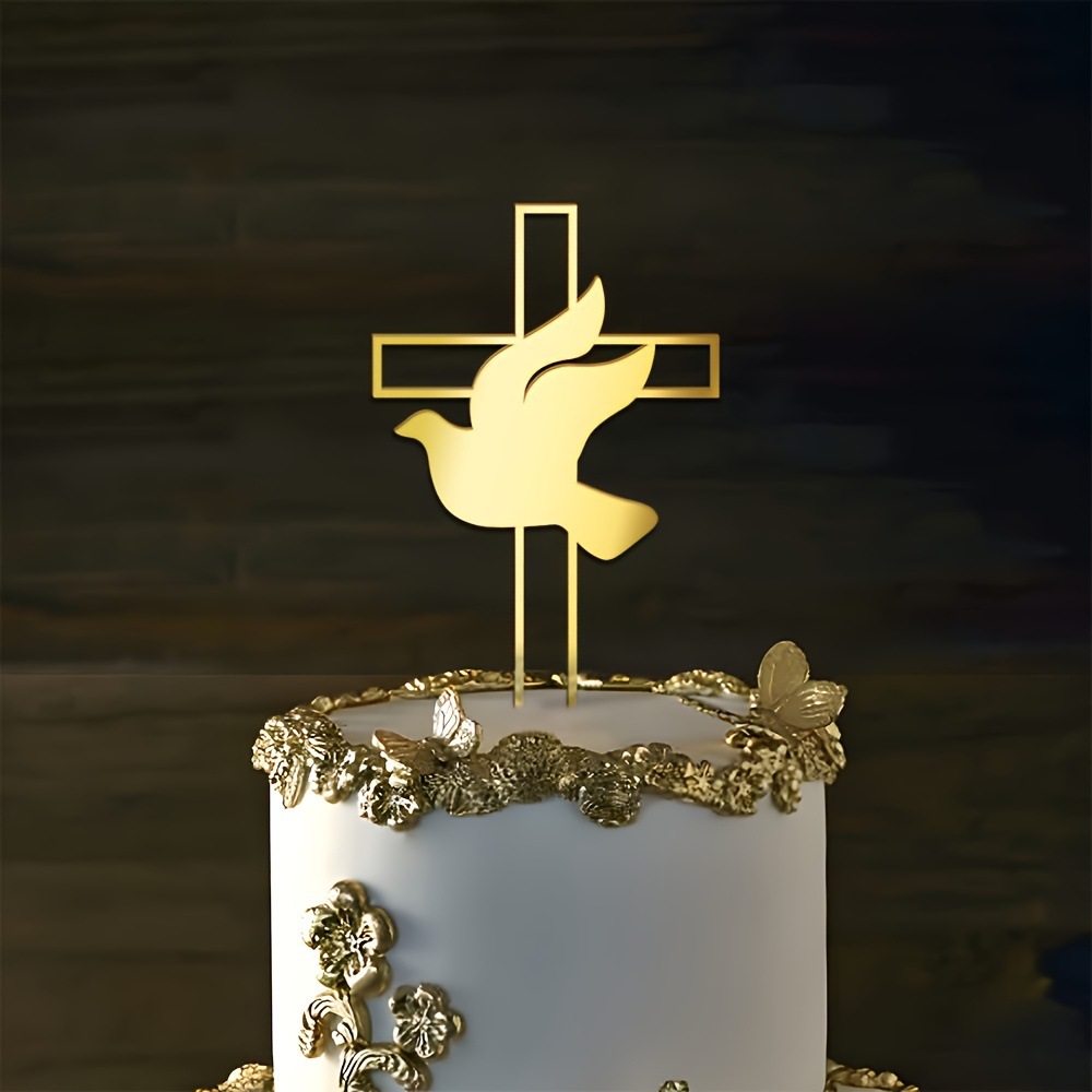Gold mirror acrylic cross cake decoration-perfect for baptisms, weddings and