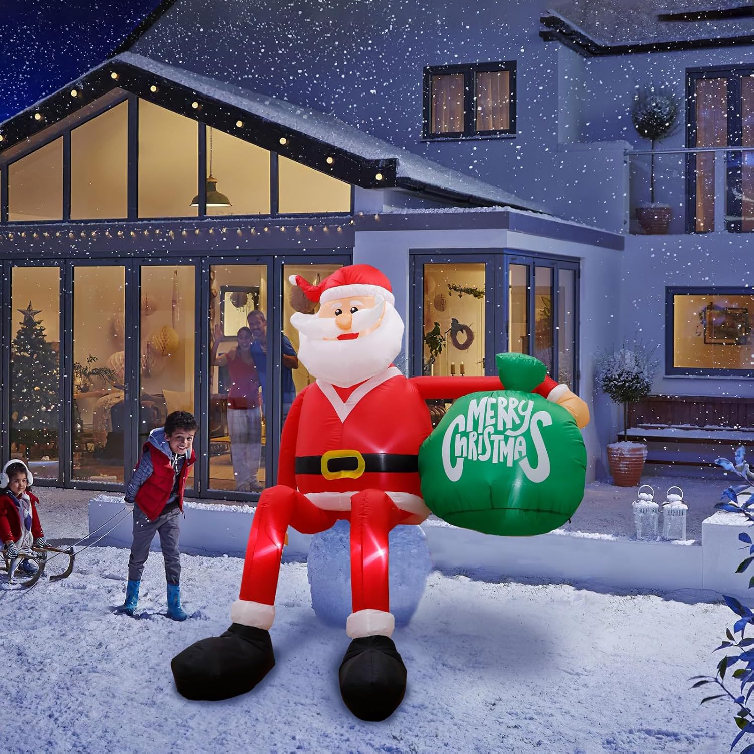 Cross-Border Christmas Inflatable 2.4m Wall-Climbing Sitting Santa Claus Led Light-Up Santa Gift Bag Party Supplies