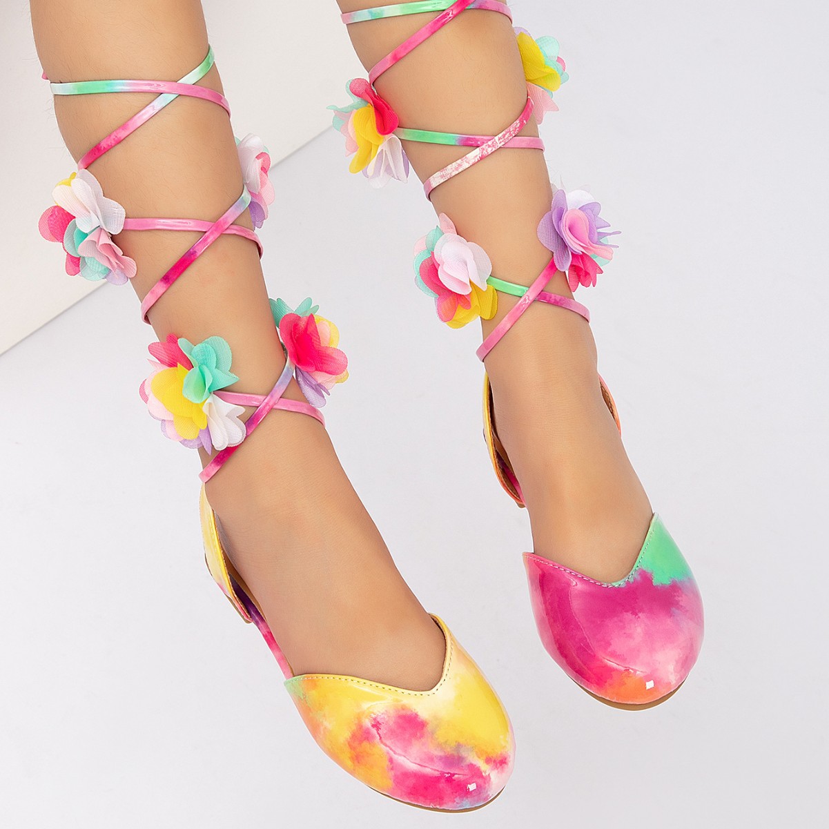 Cross-Border Girls' Leather Shoes, New Summer Style, Performance Mesh Flower Soft Sole, Non-Slip, Comfortable Soft Sole Lace-Up Flat Shoes