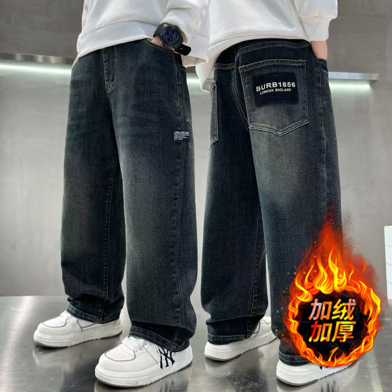 Джинсы для мальчиков осень-зима с флисовой подкладкой, утолщенные, свободные длинные брюки для детей старшего возраста, для начальной школы