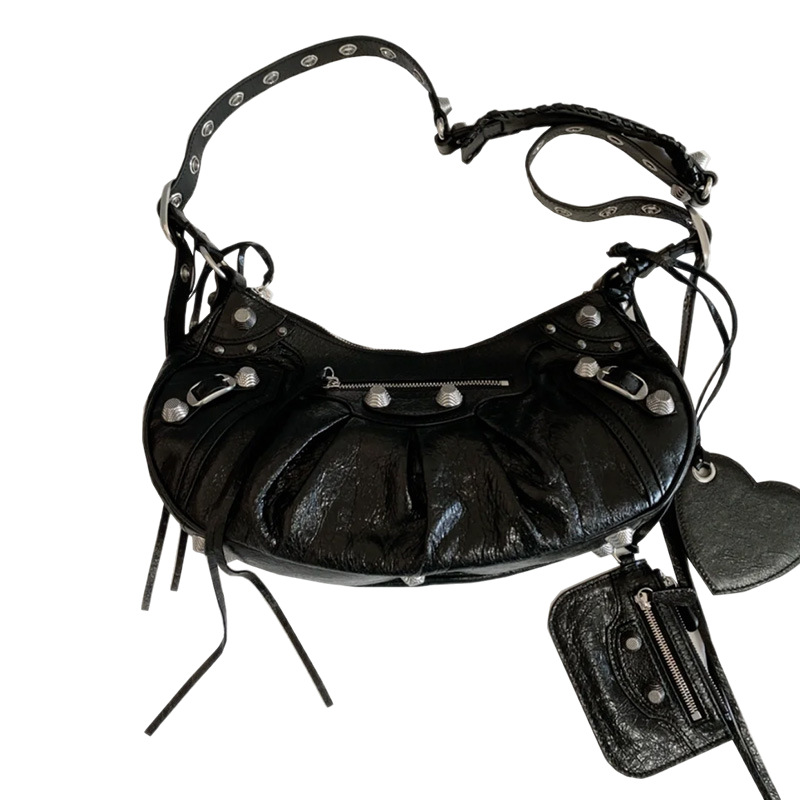 25 New B Motorcycle Bag Armpit Bag Rivet Tassel Three-In-One Crescent Pleated Cowhide Shoulder Crossbody Women's Bag