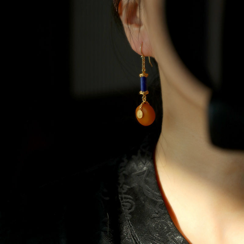 Looking back on pure jewelry natural amber old beeswax lapis lazuite retro ethnic style temperament women's long earrings TK eardrop