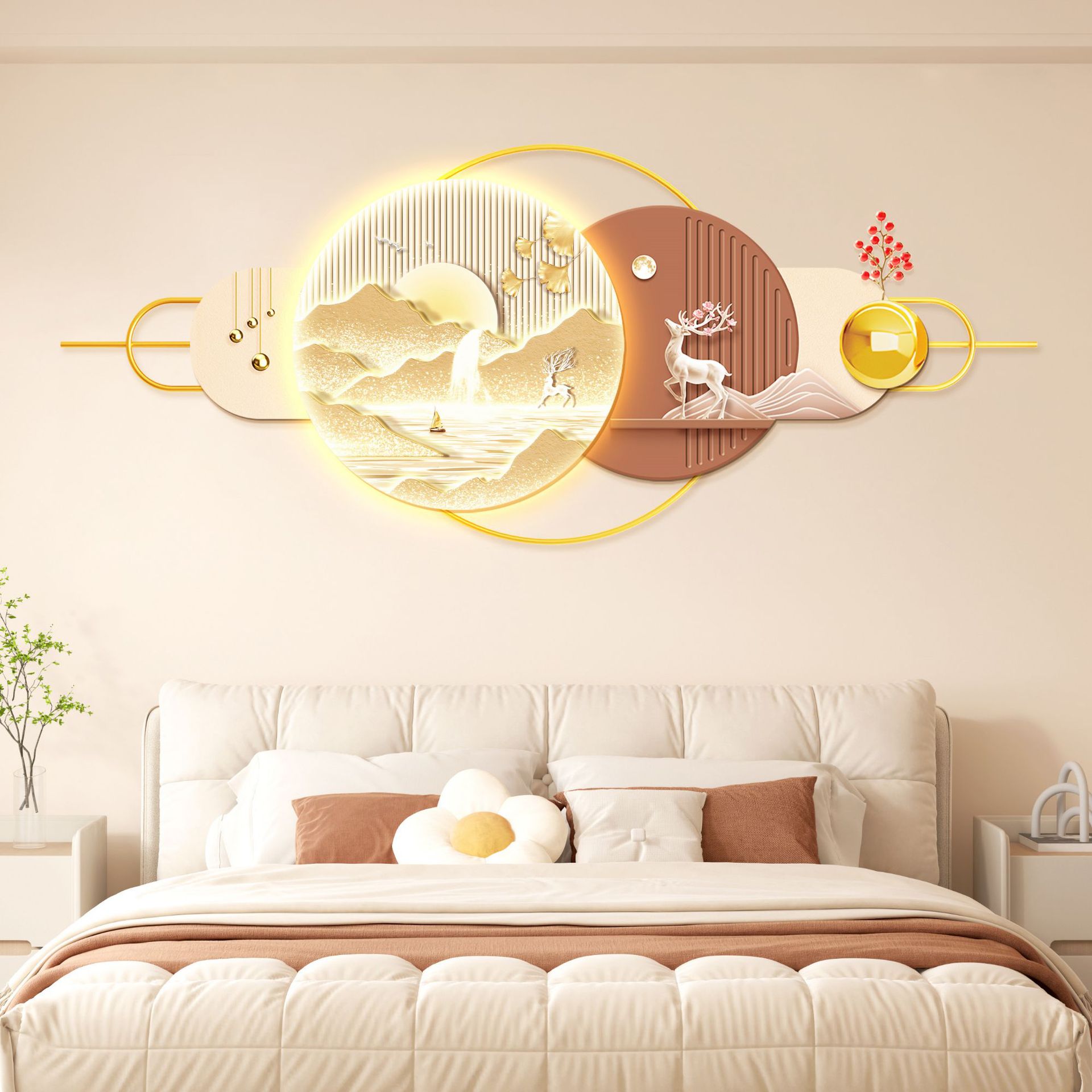Light Luxury and High-End Bedroom Bedside Decoration Painting Master Bedroom Room Background Wall Mural New Led Light Hanging Painting