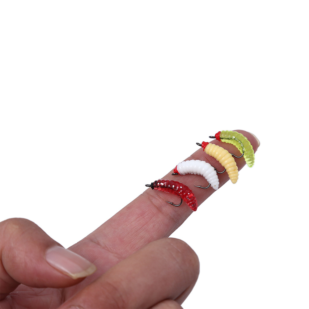 Luya Fake Bait with Hook Bread Worm Maggot Imitation Bait Bionic Maggot Soft Bait Horse Mouth Hook Turned-up Luofei Grass Carp White Strip