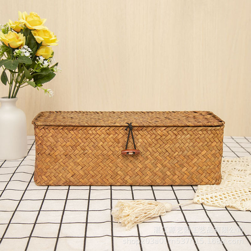 Straw Storage Basket Pure Hand-woven Sundries Storage Household Square Desktop Three-compartment Storage Basket with Lid