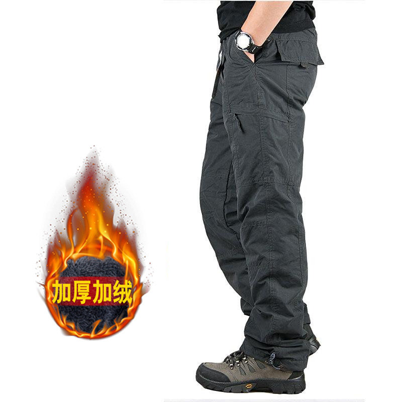 Winter fleece-lined thickened overalls men's outdoor warm Men's cotton pants straight plus size multi-pocket casual pants men