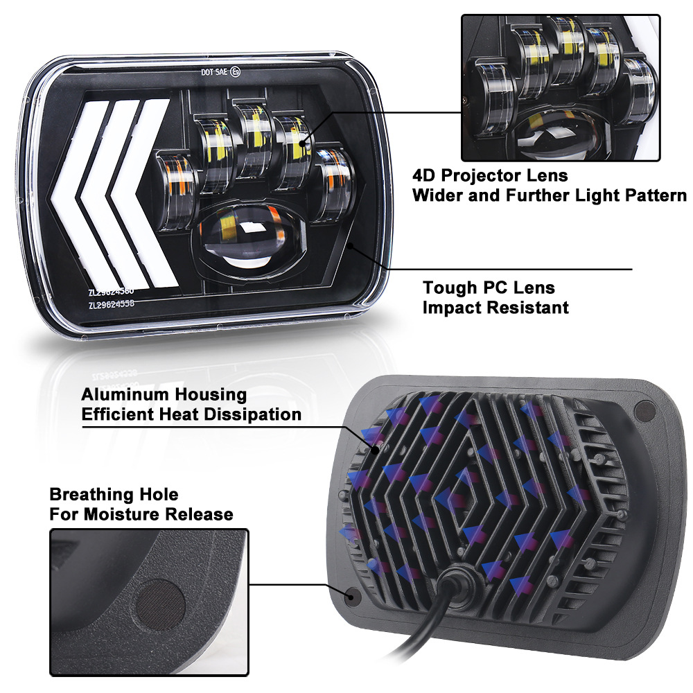 5X7 Square Wrangler Headlight 5x77inch Cherokee Headlight 55W Led Work Lights Truck