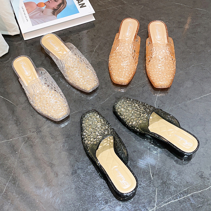 Thick Heel Height Increasing Mom Plastic Crystal Hollow Baotou Sandals Women's Summer Outer Wear Half Slippers Casual Non-Slip Simple