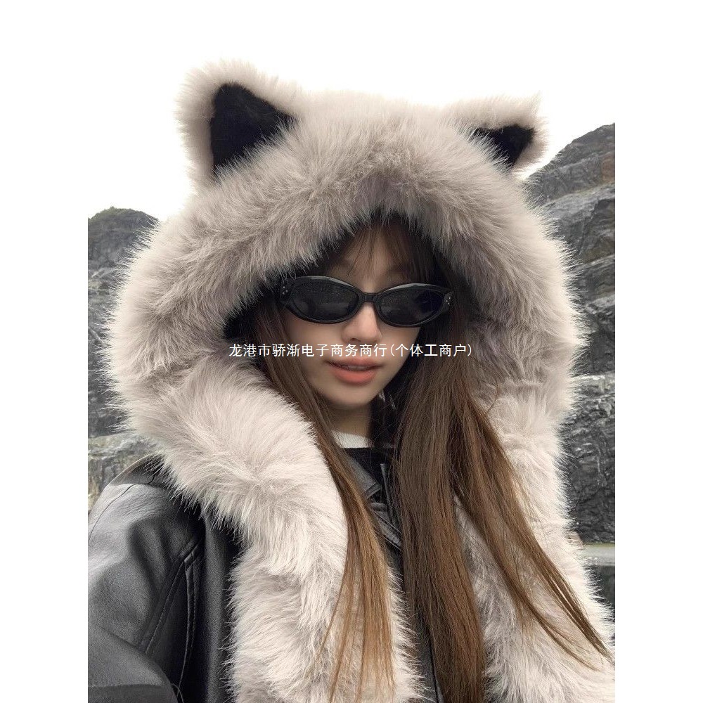 Новая плюшевая шапка-скарф с ушами лисы зимняя пушистая 2024 для сужения лица теплая защитная шапка