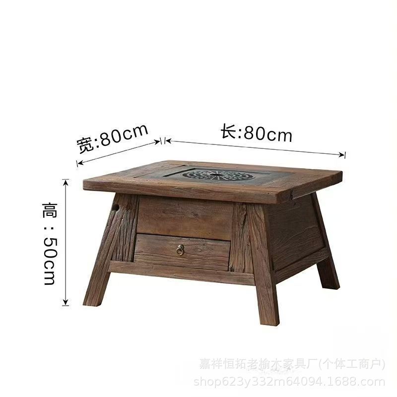 Wabi-Sabi Style Tea Brewing Table with Stove for Outdoor Courtyard, Solid Wood Charcoal Stove for Homestay, Barbecue Grill, Hot Pot Table, Old Tree Stump Square Table