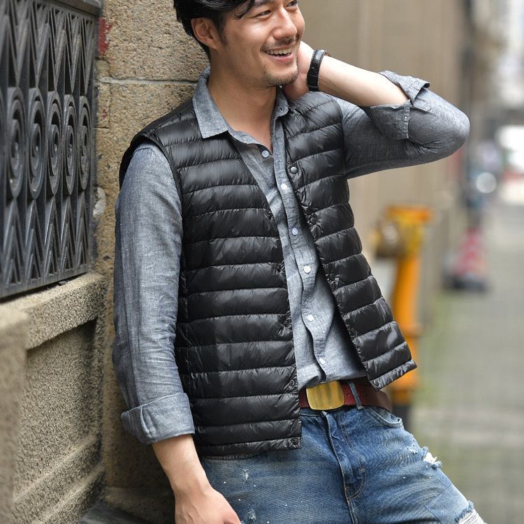 Clearance Sale of Discontinued Colors: Lightweight down Vest for Men, Collarless V-Neck, Short Style, 90% White Duck down