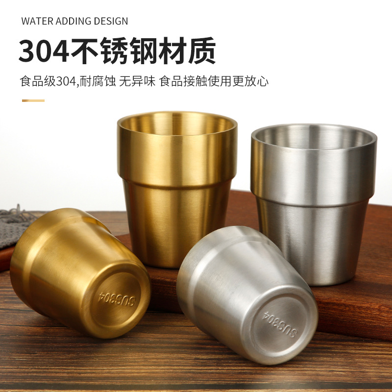 304 Stainless Steel Double-Layer Water Cup Gold Cup Beverage Cup Beer Cup Commercial Catering Tea Cup Korean Style