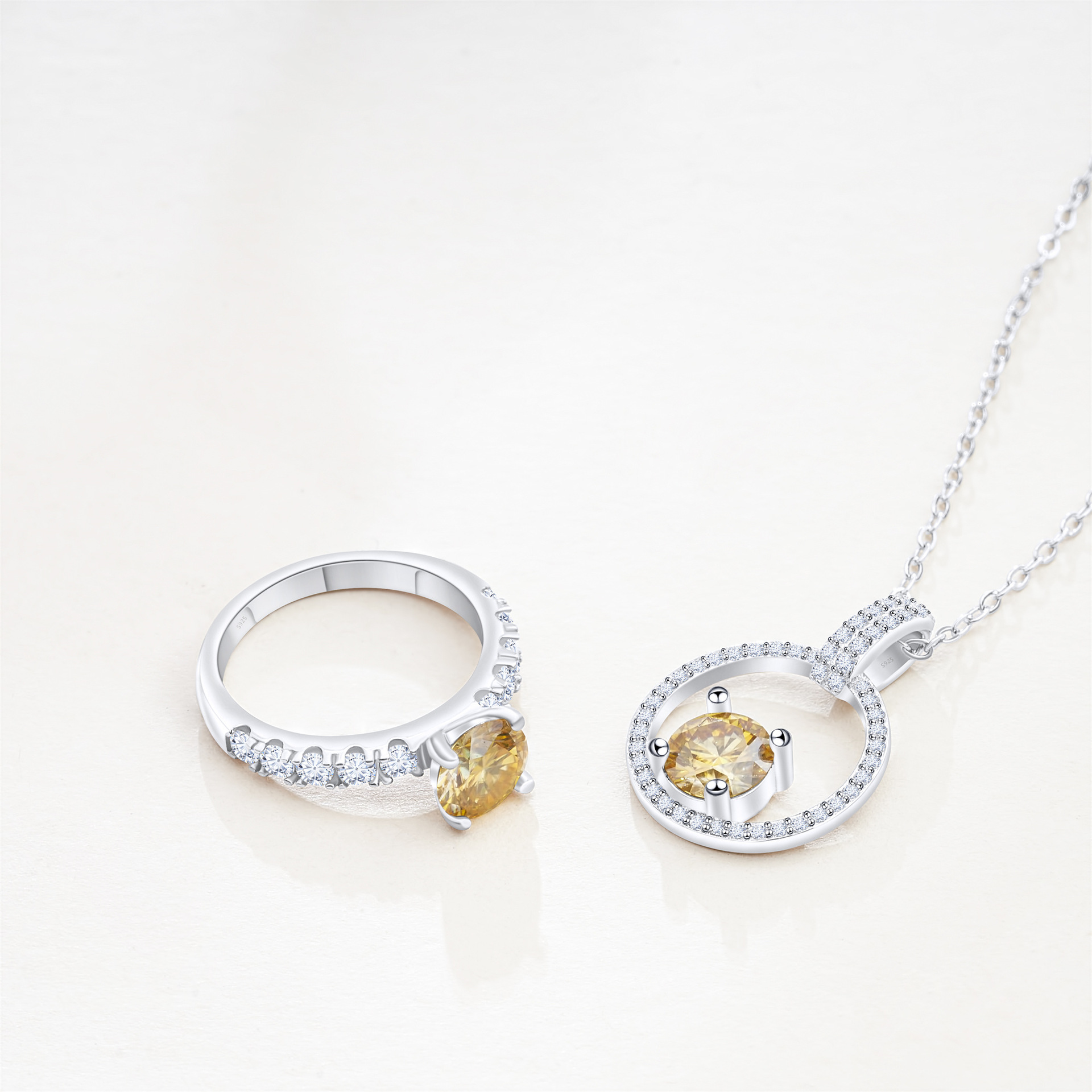 Cross-Border Exclusive S925 Silver Moissanite Necklace + Ring with Certificate, Sparkling Fire-Colored Diamond, Cross-Border Hot Sale