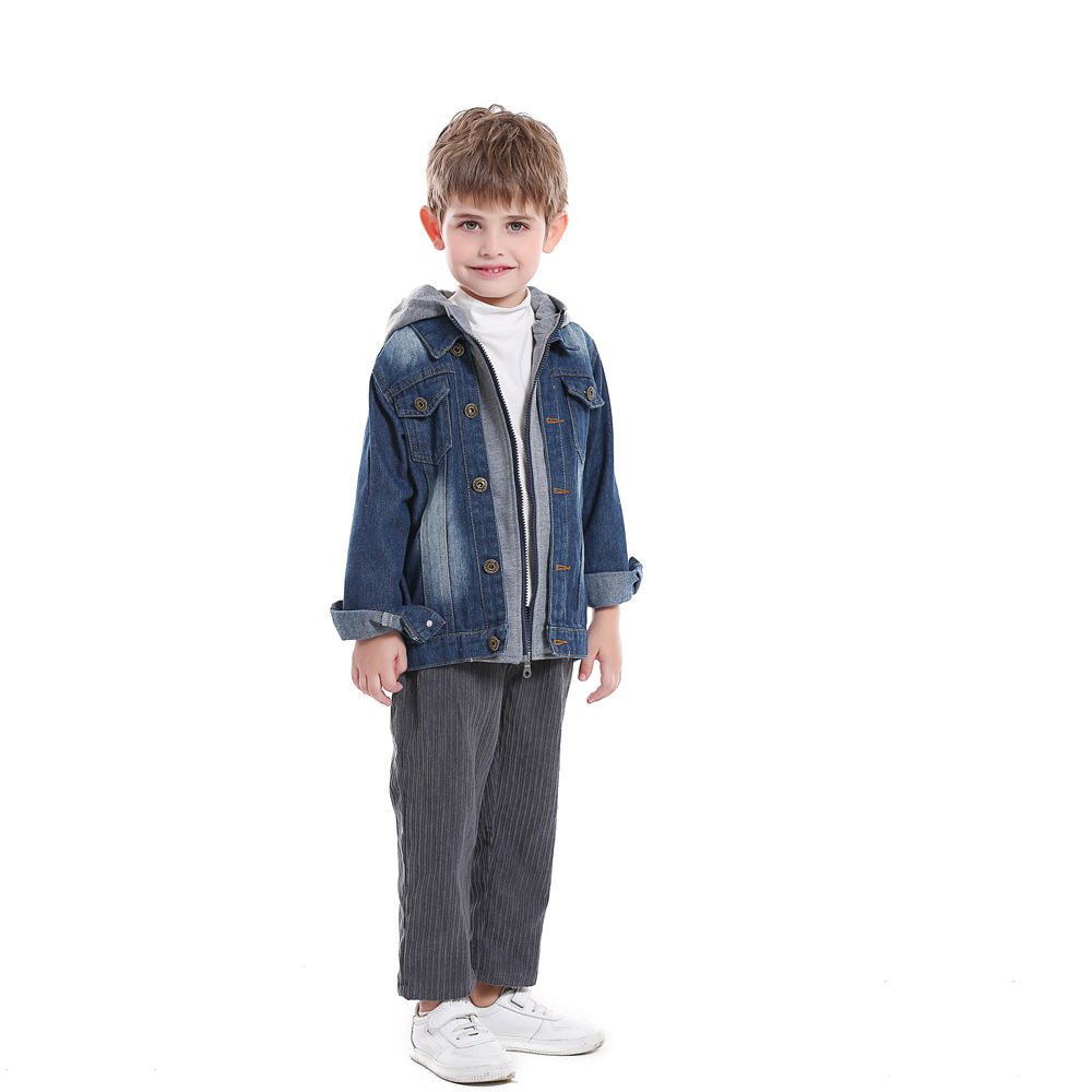 Children's Fake Two-Piece Denim Jacket for Boys and Girls in Autumn and Winter New Hooded Fashionable Casual Tops Export Wholesale