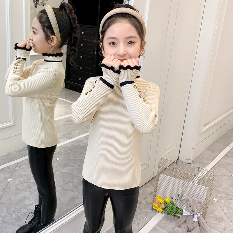 Girls' Sweater 2023 New Autumn and Winter Korean Style One-piece Velvet Children's Base Shirt Velvet Thickened Top Knitted Shirt