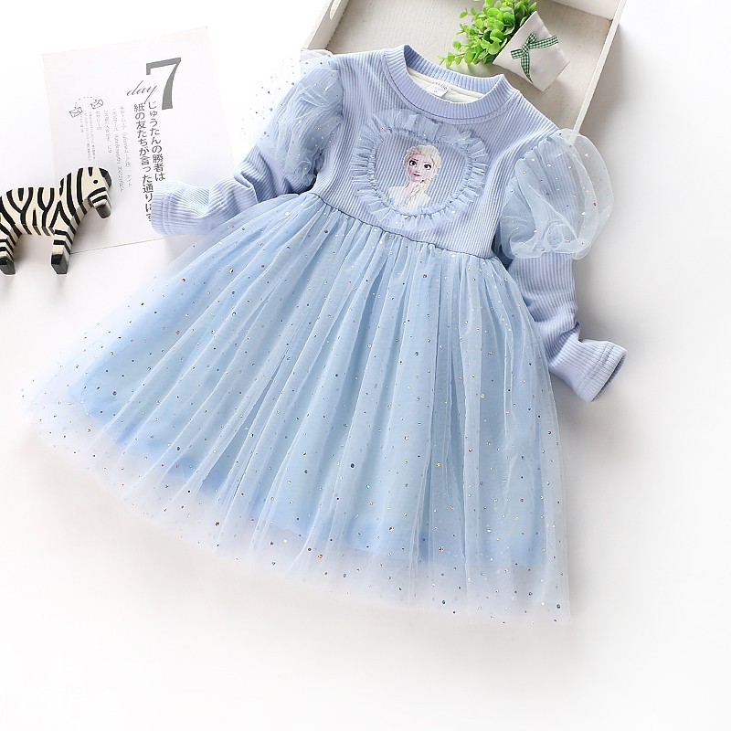 Girls' dress 2025 Autumn and Winter Baby Cotton Long Sleeve Mesh Dress Little Girl Star Princess Elsa Dress