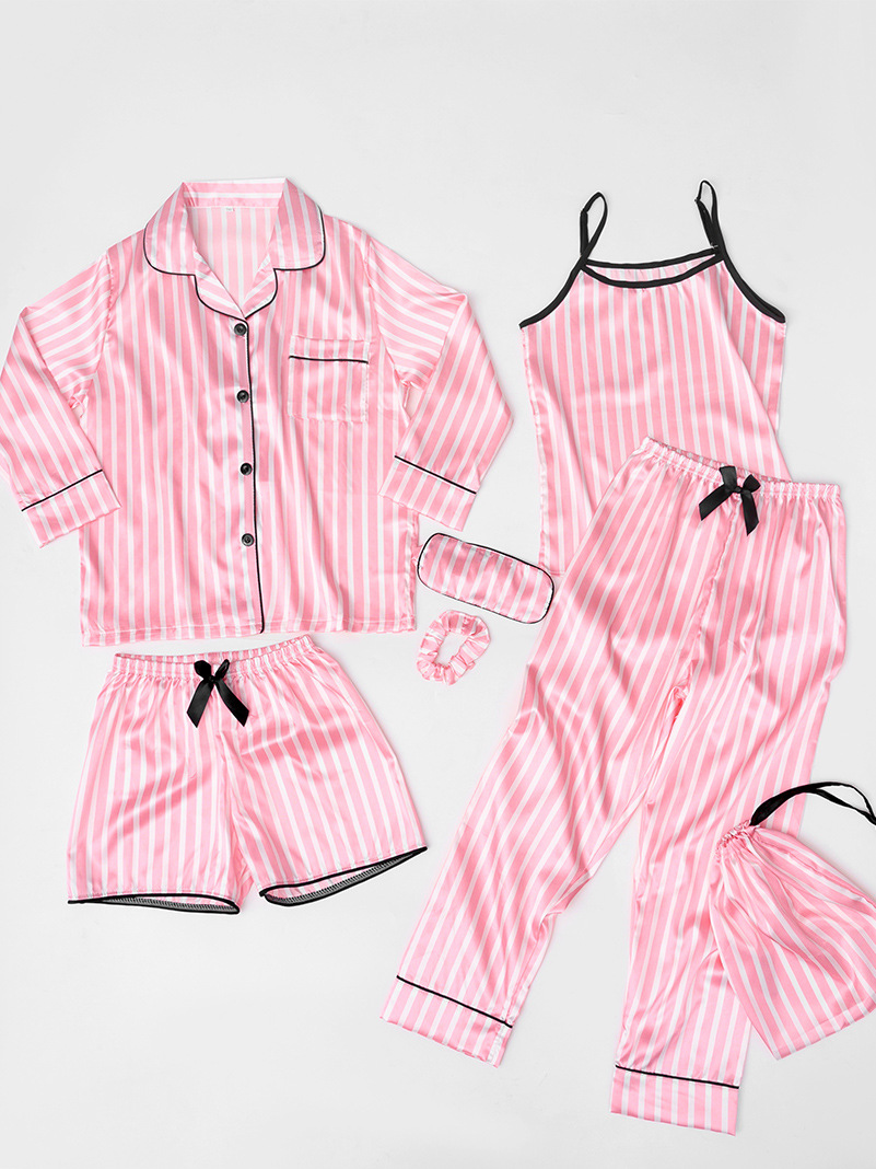 Factory Direct Supply Cross-border Ozon Four Seasons Children's Simulation Silk Stripe Pajamas Seven-piece Home Clothes suit