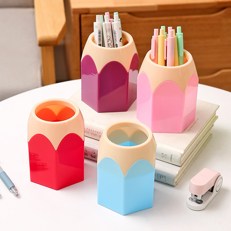 Cross-Border Exclusive Supply of Desktop Color-Blocked Pen Holders, Student Storage Stationery, Large-Capacity Storage Bucket, Large Pencil-Head Plastic Pen Holder
