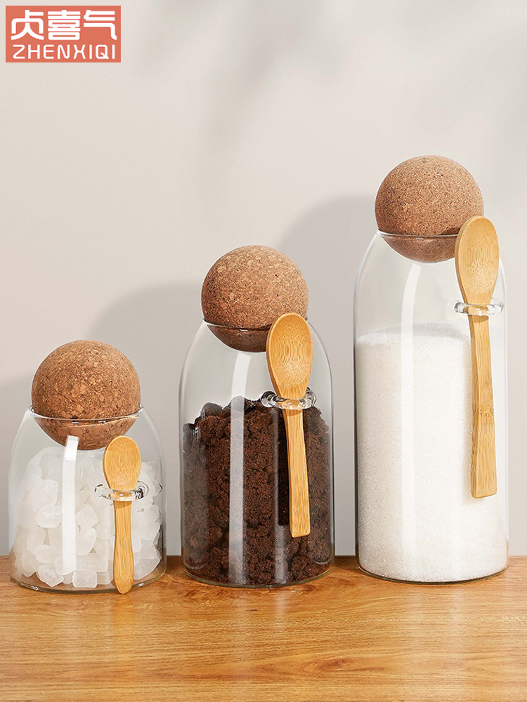 Стеклянная герметичная банка для кофе и сахара с ложкой, каменный сахар, белый гранулированный сахар, домашняя банка, кухонная банка для сахара