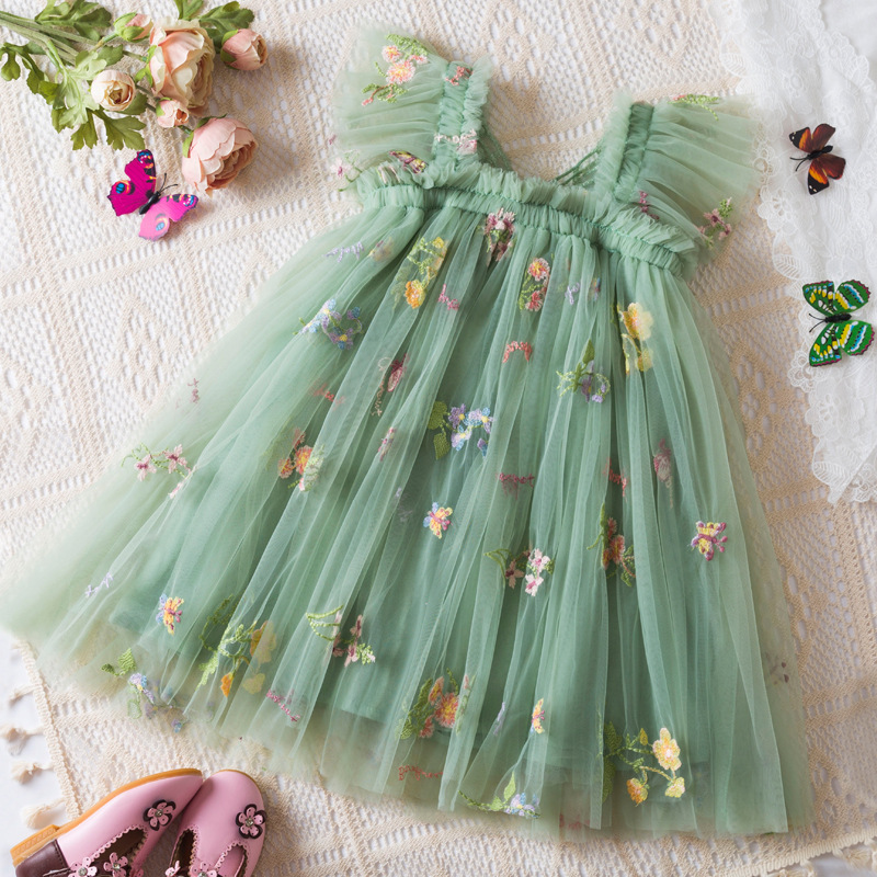Amazon Korean Style Flower Embroidered Girl's Mesh Dress Flying Sleeve Strap Children's dress Princess Dress Poncho Dress