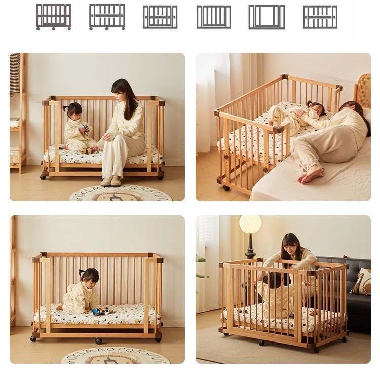 All-Beech Crib Removable Newborn Baby Crib Multi-Functional Solid Wood Kidsren's Splicing Large Bed with Rollers