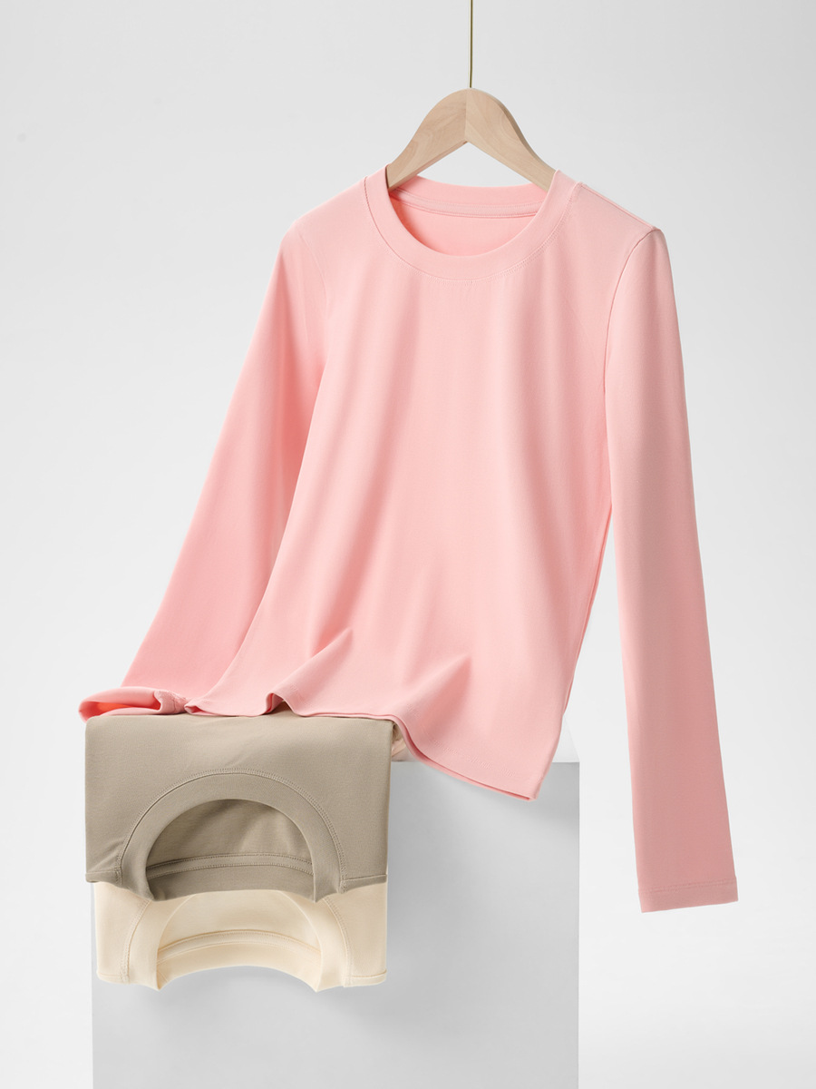 Round Neck, Right Shoulder, Long-Sleeved T-Shirt for Women, Spring & Fall New Style, Slim-Fitting Short Style, Slim Inner Top, Pure Lust Style Bottoming Shirt for Women