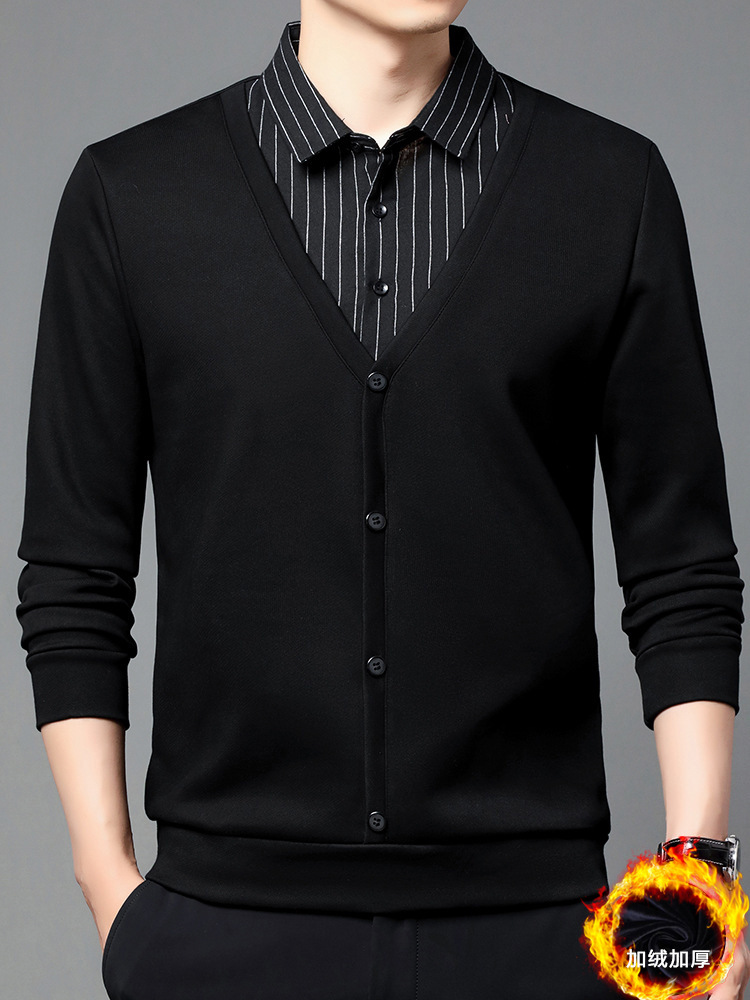 Velvet Fake Two-Piece T-Shirt Men's Winter Stripesd Shirt Collar Spring & Fall Dad Wear Warm Casual Knitwear