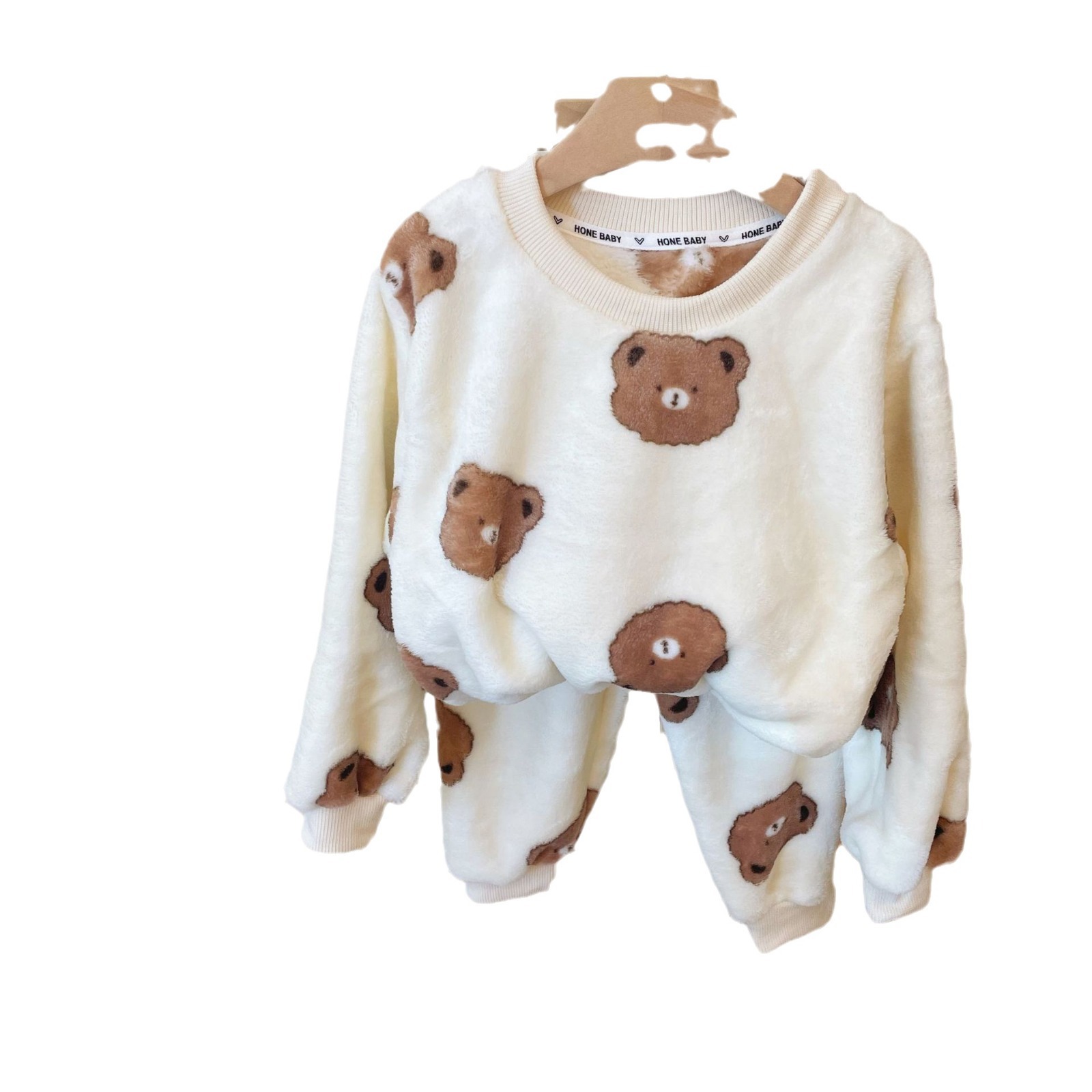 Children's Flannel Pajamas for Boys and Girls Coral Velvet Medium and Large Kidsren Cartoon Round Neck Home Clothes Fleece-lined Thickeneded Set