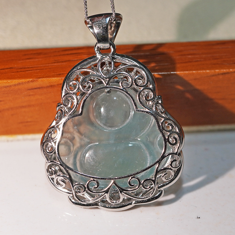 Platinum Pt950 Cultivated Diamond Jade Smiling Buddha Inlaid Full Diamond Pendant