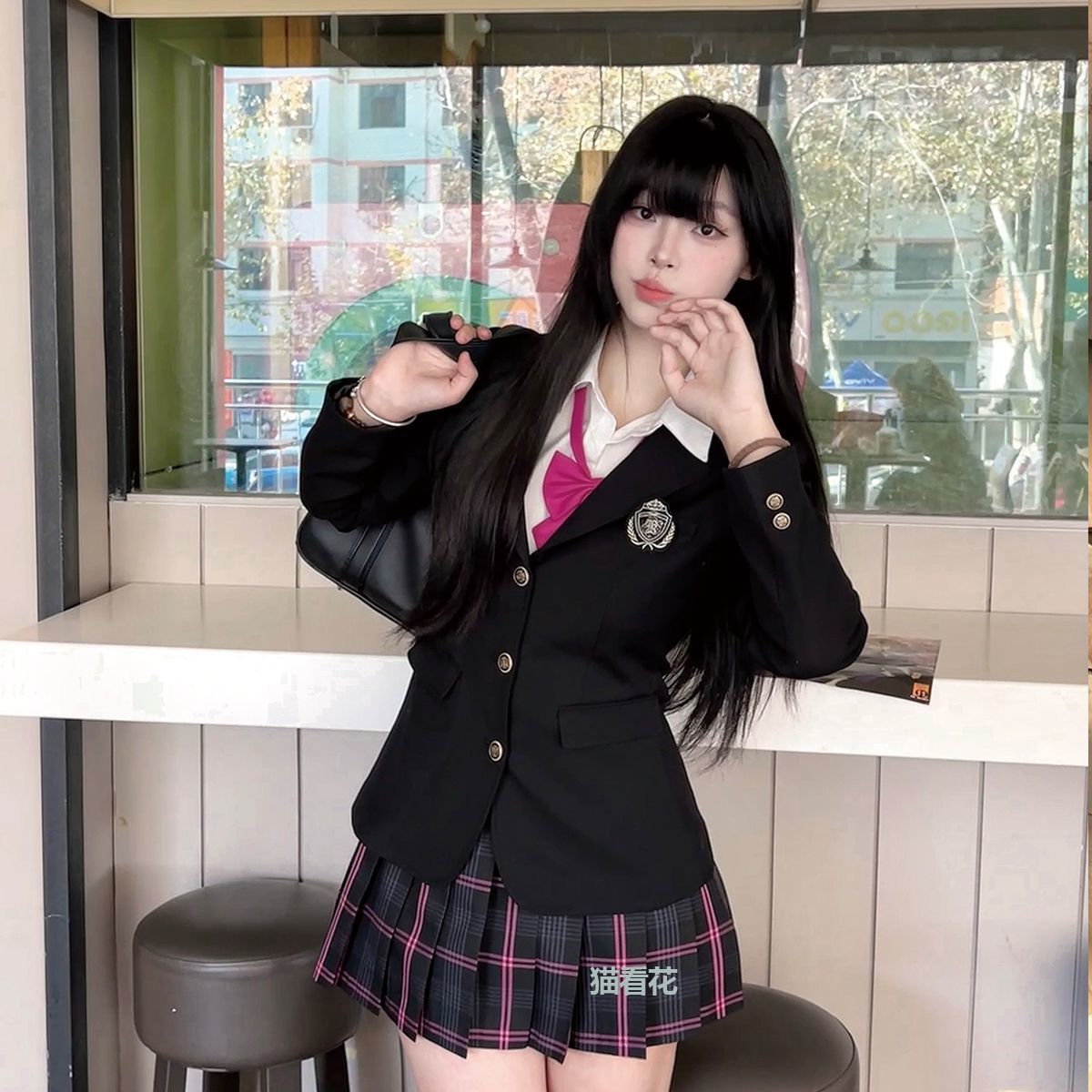 High-Quality Waist-Cinching Suit with Cat-Eye Floral Jk Uniform, Three-Button, Rich Cyan Color, College Style, Suitable for Spring and Autumn